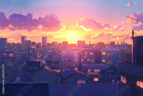 A sunset view over a city with soft, warm light cascading through the skyline The scene is cozy vibe, Generative AI
