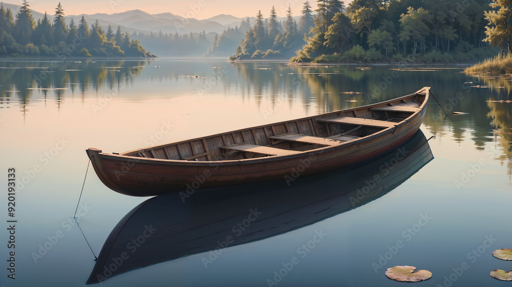 Image of rowboat on a calm lake Image of rowboat on a calm lake