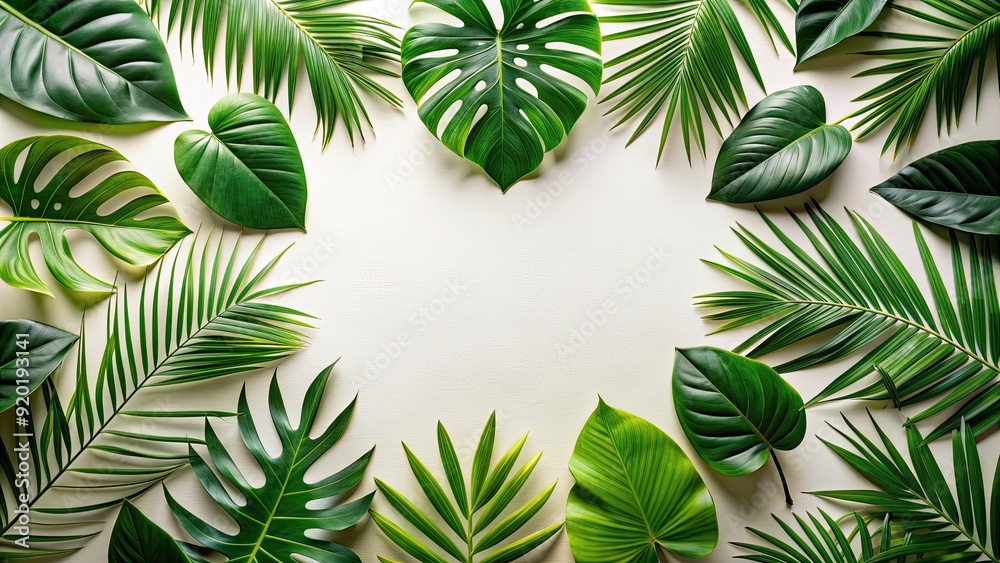 Flat lay of tropical greenery leaves, perfect for a summer botanical theme , tropical, greenery, leaves, flat lay, summer