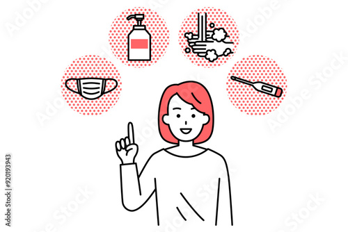 4つの感染予防対策（マスク・消毒液・手洗い・検温）を紹介するカジュアルな女性