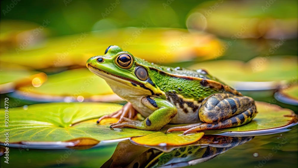 European marsh frog sitting on a lily pad in a pond, European, marsh frog, Pelophylax ridibundus, amphibian, wildlife, nature European marsh frog sitting on a lily pad in a pond, European, marsh frog, Pelophylax ridibundus, amphibian, wildlife, nature