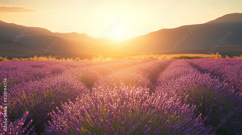 Stunning Sunrise Over Lavender Fields: A Perfect Poster for Your Sports Interior, Featuring Lush Purple Flowers and Majestic Mountains in the Backdrop
