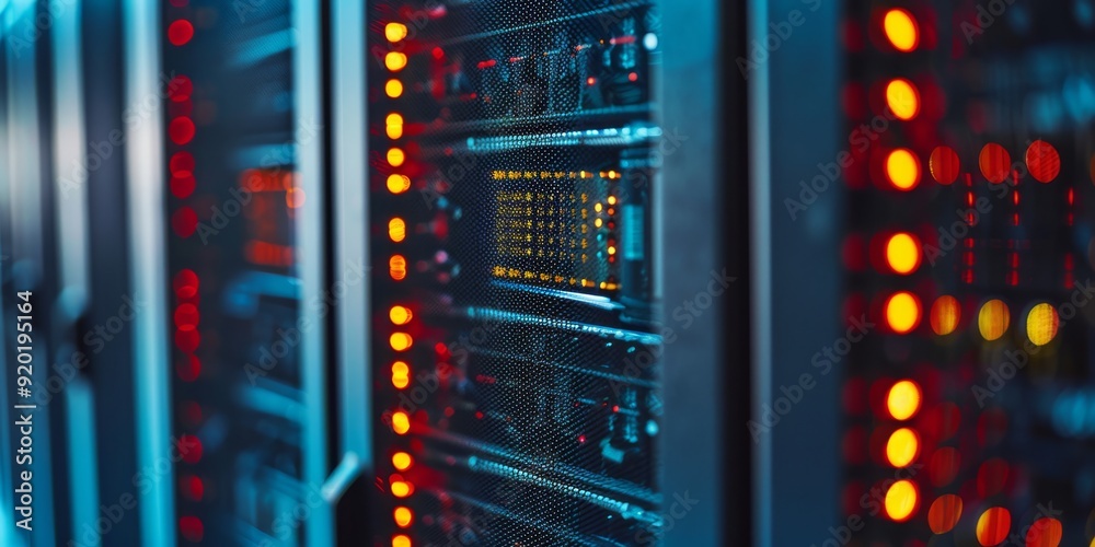 This text provides a detailed view of servers with bright, glowing lights within a contemporary data center environment This text provides a detailed view of servers with bright, glowing lights within a contemporary data center environment