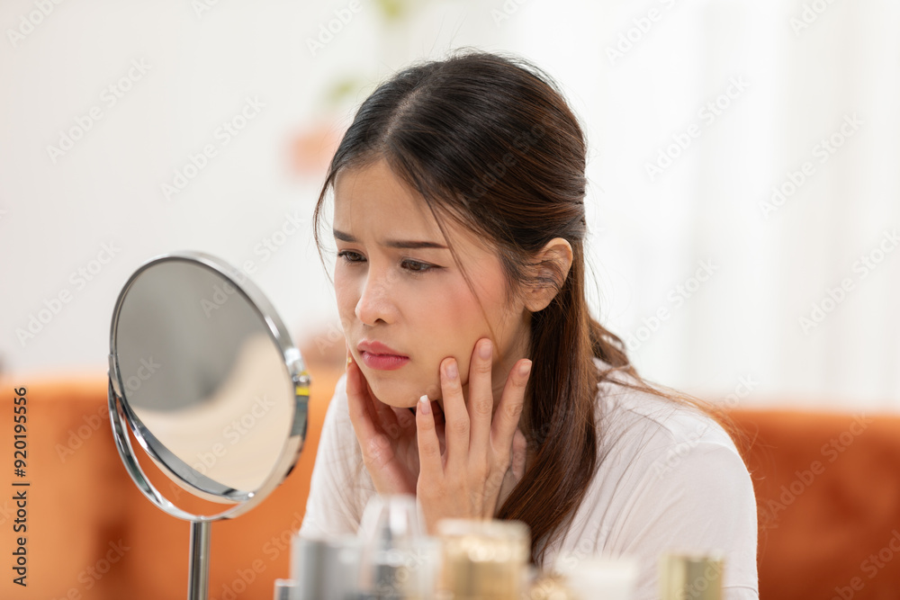 Asian young woman looking in mirror worry about pores facial skin problem with acne and dry skin,Skin care concept Asian young woman looking in mirror worry about pores facial skin problem with acne and dry skin,Skin care concept