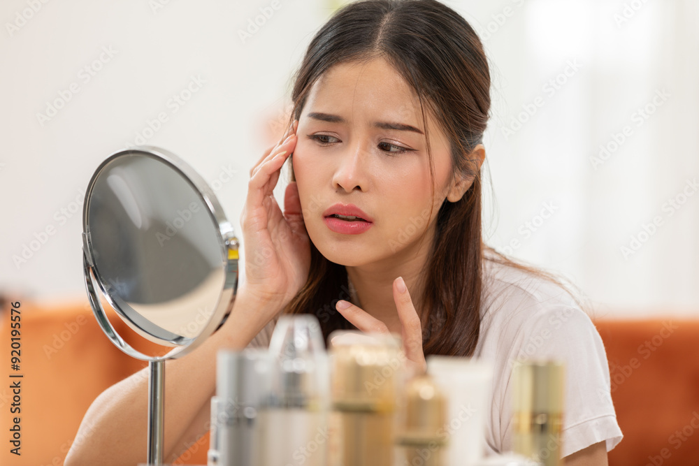 Asian young woman looking in mirror worry about pores facial skin problem with acne and dry skin,Skin care concept Asian young woman looking in mirror worry about pores facial skin problem with acne and dry skin,Skin care concept