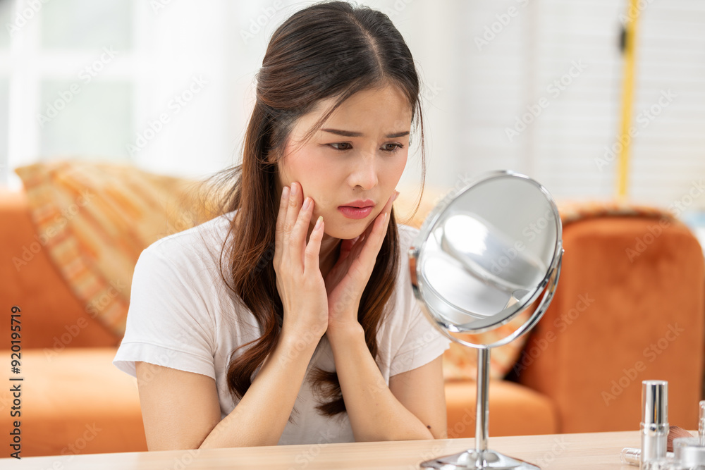 Asian young woman looking in mirror worry about pores facial skin problem with acne and dry skin,Skin care concept Asian young woman looking in mirror worry about pores facial skin problem with acne and dry skin,Skin care concept