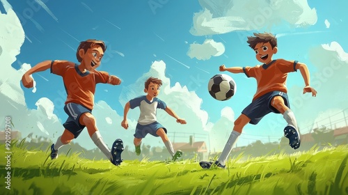 Fun and energetic scene of kids playing soccer in a bright, sunny landscape, capturing the joy of outdoor sports and teamwork.