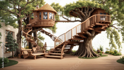 A large wooden treehouse with multiple levels and winding stairs, nestled in a large tree.