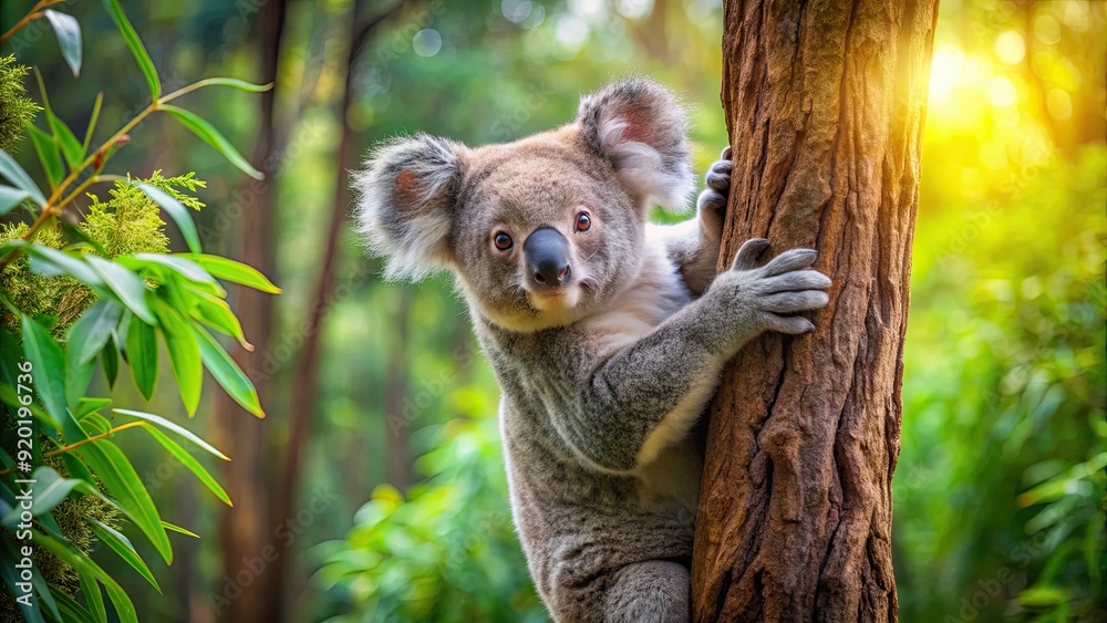 Fototapeta premium Koala bear climbing tree in lush green forest , wildlife, Australia, marsupial, eucalyptus, cute, climbing, arboreal