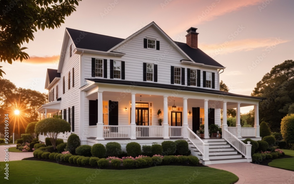 Charming two-story house with white exterior and black roof, fea Stock ...