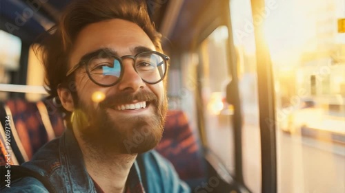 Happy man riding in a bus. Urban lifestyle concept. Ai Footage.