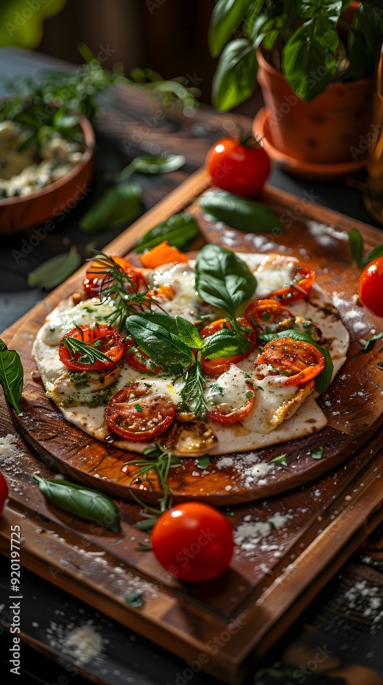 Fresh Italian pizza topped with tomatoes and basil on a rustic wooden board. Fresh Italian pizza topped with tomatoes and basil on a rustic wooden board.