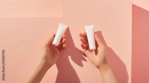 hands holding white blank label squeeze bottle of cosmetics skincare creme peach background product mockup