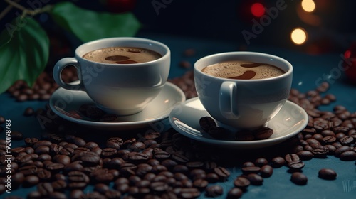 Two Cups of Coffee on a Blue Table with Coffee Beans