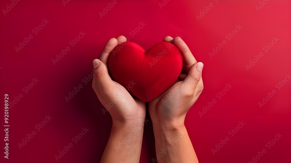 Fototapeta premium Hands holding a red heart on a color background with copy space. Top view, st Valentine day concept. Minimal abstract composition for 14 February celebration