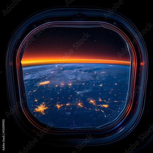 Fototapeta Naklejka Na Ścianę i Meble -  The cupola porthole on the space station window