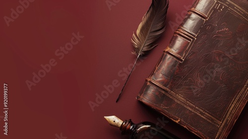 A classic book cover against a rich maroon background, highlighting an antique quill and ink bottle beside a closed leather-bound book. The title appears in an elegant serif font. 