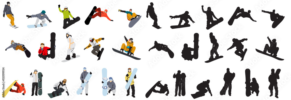 snow boarding set snowboarder vector collection on white