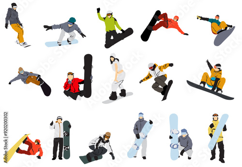 snow boarding set snowboarder collection vector illustration