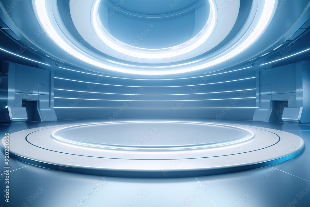 Futuristic blue circular platform with glowing lights. Futuristic blue circular platform with glowing lights.