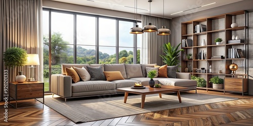 rendering of a modern living room interior with a comfortable sofa  living room  interior design  cozy  home