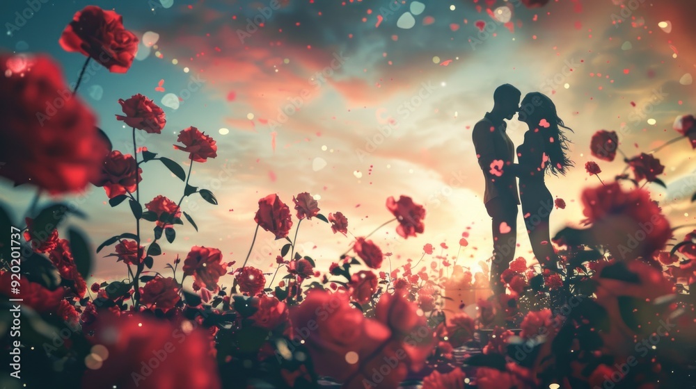 Obraz premium Silhouette of a Couple in a Rose Garden