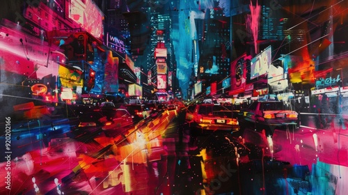 Abstract painting that captures the essence of a bustling city night. Bright neon lights represented by sharp  jagged lines intersect with softer  blurred shapes depicting moving traffic.