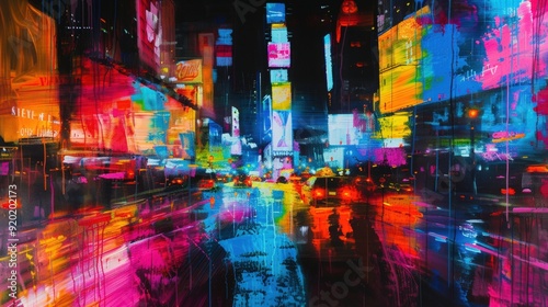 Abstract painting that captures the essence of a bustling city night. Bright neon lights represented by sharp, jagged lines intersect with softer, blurred shapes depicting moving traffic.