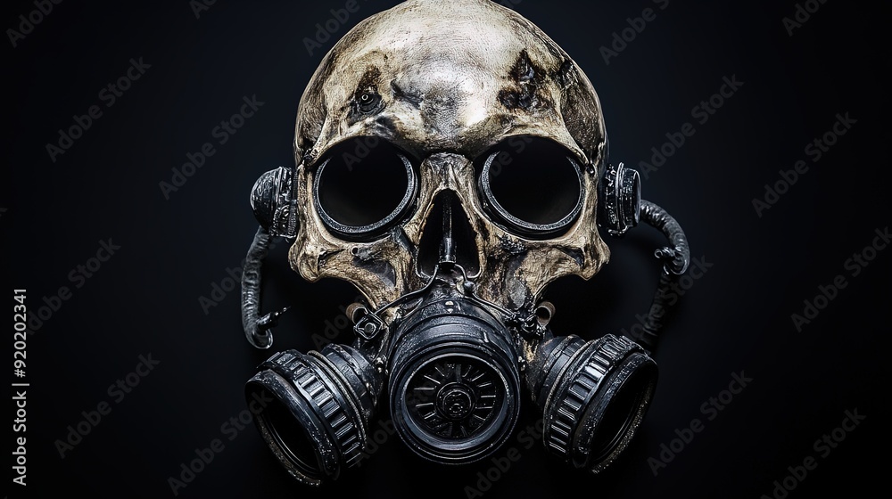 Striking Poster Design: A Menacing Human-Mechanical Skull with Elaborate Gas Mask – Perfect for Sports Interiors and Edgy Decor Enthusiasts Striking Poster Design: A Menacing Human-Mechanical Skull with Elaborate Gas Mask – Perfect for Sports Interiors and Edgy Decor Enthusiasts