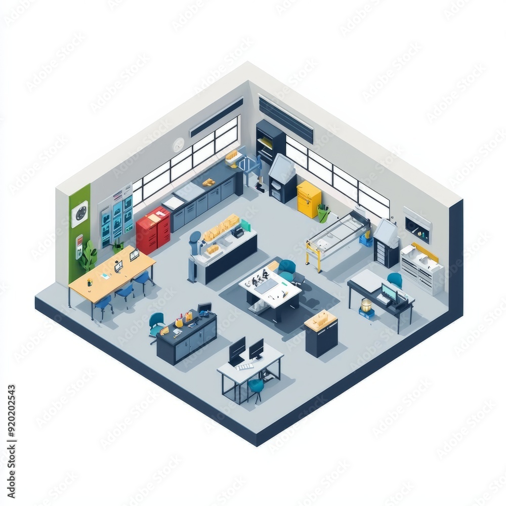 3D Render of a vocational training center with practical workshop areas and training stations. Miniature, on isolated white background 3D Render of a vocational training center with practical workshop areas and training stations. Miniature, on isolated white background