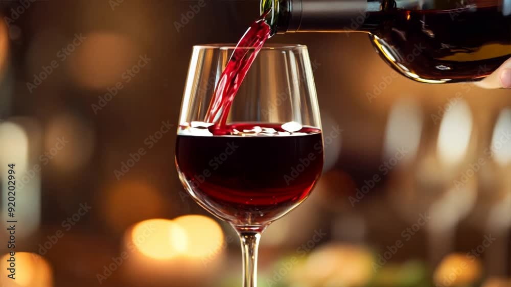 Close up of Waiter pouring red wine in a glass at restaurant. Ai Footage.