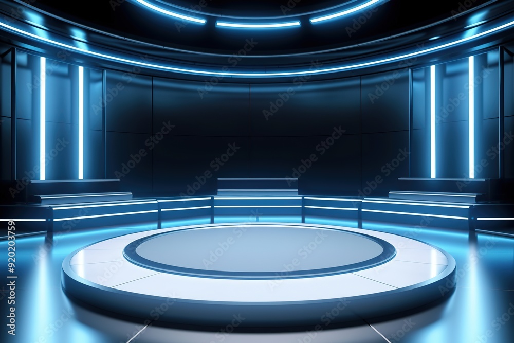Futuristic blue neon glowing platform. Futuristic blue neon glowing platform.