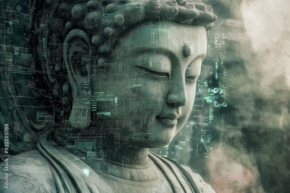 Portrait of a sacred statue merged with digital components, representing the connection between faith and technological progress. High-resolution, detailed textures, crisp focus Portrait of a sacred statue merged with digital components, representing the connection between faith and technological progress. High-resolution, detailed textures, crisp focus