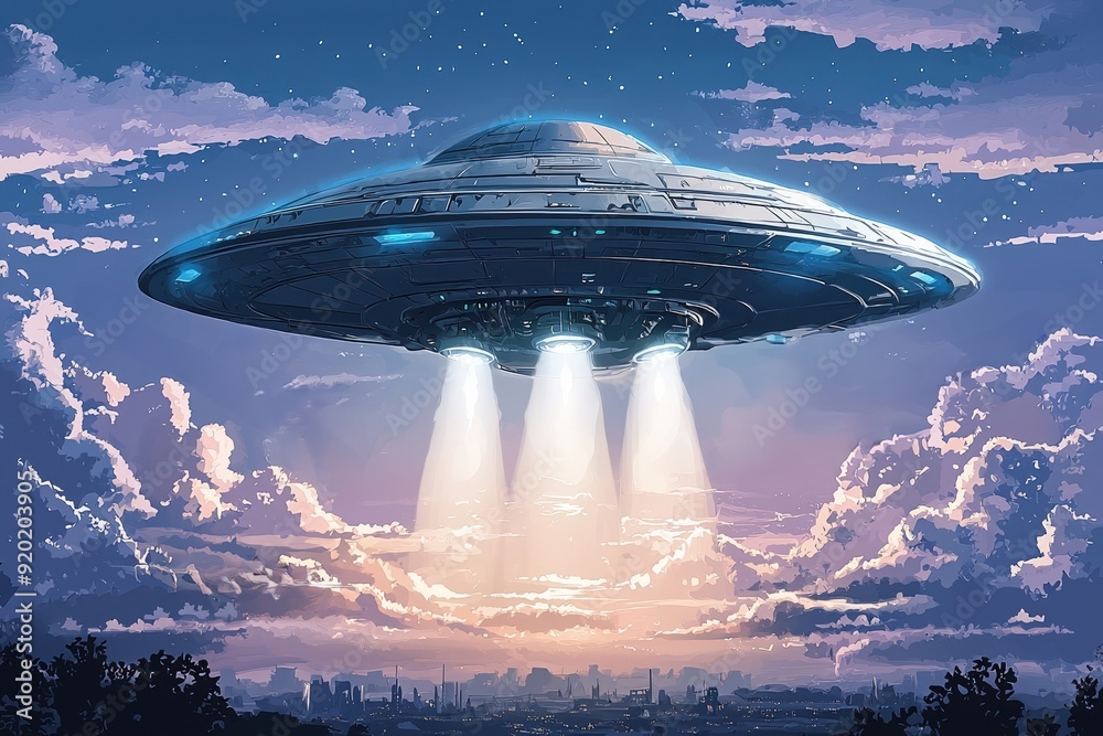A futuristic UFO hovers above the clouds, emitting bright beams of light in a vibrant twilight sky, igniting curiosity and wonder. A futuristic UFO hovers above the clouds, emitting bright beams of light in a vibrant twilight sky, igniting curiosity and wonder.