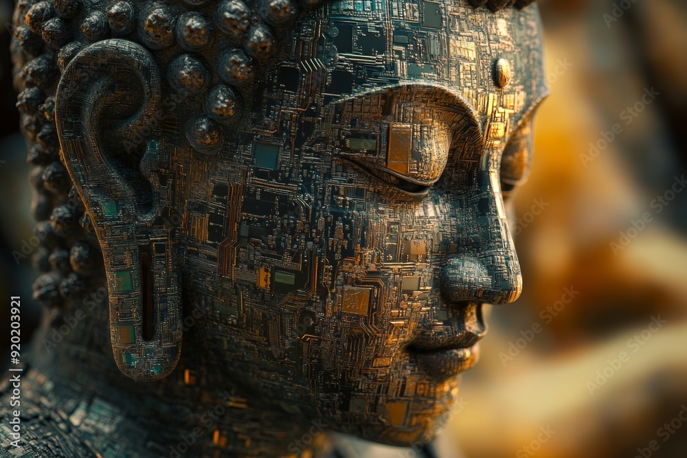 Φωτογραφία Surrealism conceptual art of a Buddha statue with visible digital circuitry inside, representing the fusion of technology and spirituality