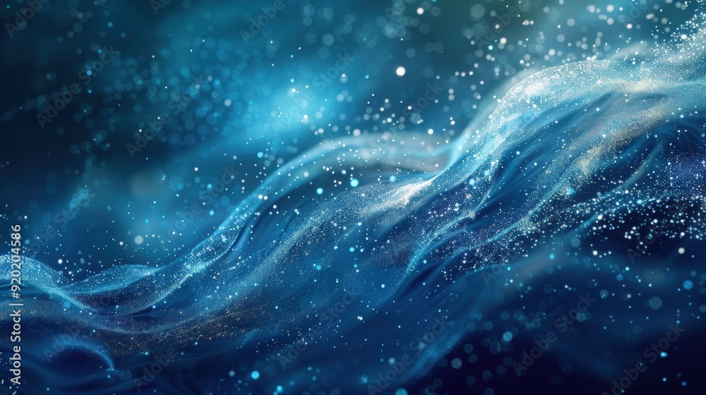 Abstract artwork featuring flowing water and digital particles, creating a futuristic and fluid composition, set against a background that transitions from deep blue to metallic silver. Abstract artwork featuring flowing water and digital particles, creating a futuristic and fluid composition, set against a background that transitions from deep blue to metallic silver.