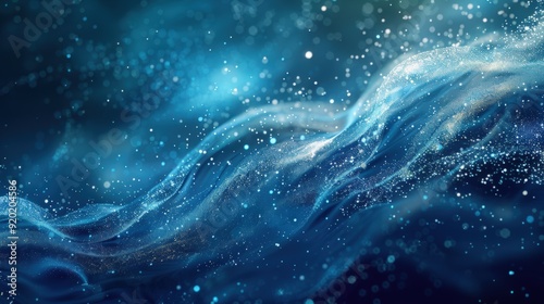 Abstract artwork featuring flowing water and digital particles, creating a futuristic and fluid composition, set against a background that transitions from deep blue to metallic silver.