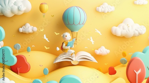 A whimsical book cover with a bright yellow background. The design features playful illustrations of clouds and hot air balloons, with a central focus on a book being read by a character. 