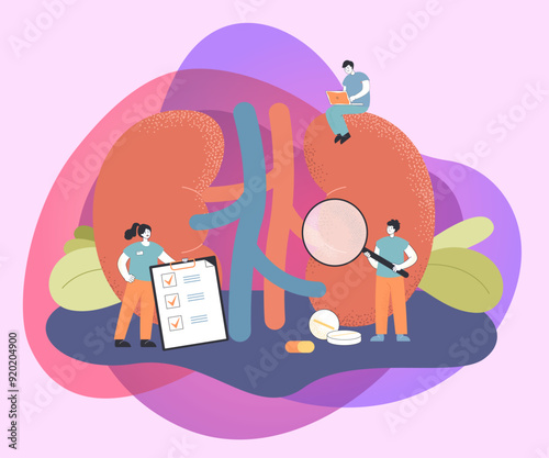 Doctors check health of kidneys and urinary system in clinic. Medical study of tiny people with chronic kidney diseases and physiology flat vector illustration. Urology, nephrology, dialysis concept
