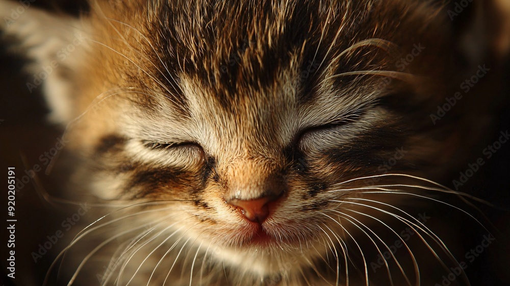 Tender Moment of a Crying Kitten with Closed Eyes and a Single Tear on Whiskers Tender Moment of a Crying Kitten with Closed Eyes and a Single Tear on Whiskers