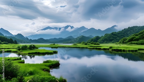 The lakes in Shennongjia Dajiu Lake Wetland Park overlap with green mountains, surrounded by clouds and clouds, showing the beauty of natural harmony. photo