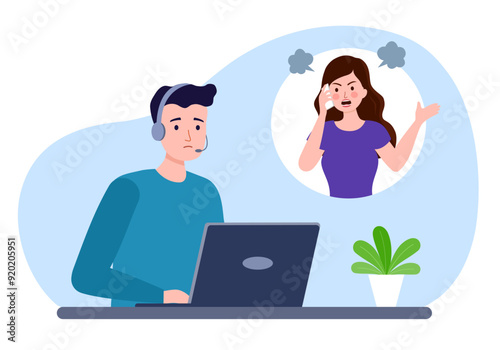 Customer complaint via call center service in flat design. Angry customer on phone.