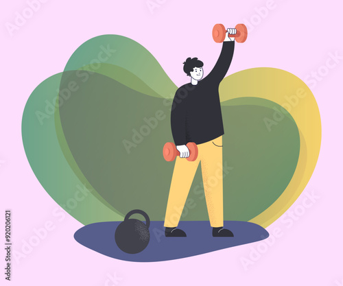 Man exercising with dumbbells and kettlebell. Person doing exercises or sport flat vector illustration. Healthy lifestyle concept for banner or landing page