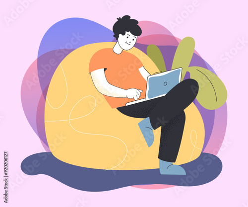 Male employee working remotely. Man sitting in beanbag and using laptop flat vector illustration. Remote work, freelance concept