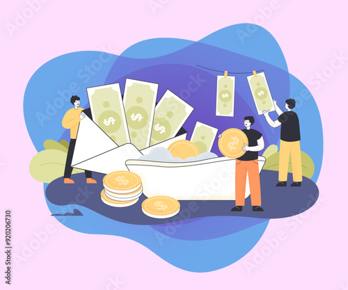 Men laundering money out of envelope full of dollar notes. Business people getting benefit from government finance and accepting bribes flat vector illustration. Criminal businessmen and fraud concept