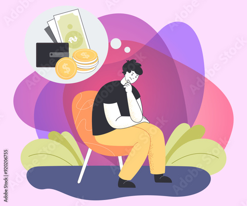 Sad man sitting on chair thinking over financial problems and debts. Unhappy male character in depression having money trouble flat vector illustration. Bankruptcy, loss, finance, crisis concept