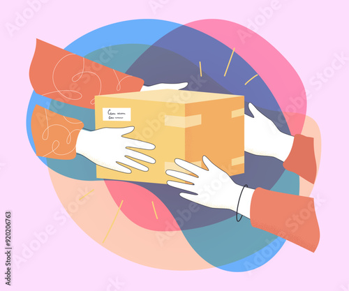 Object in carton box passed from delivers hands to clients hands on white background. Courier handing gift box to customer flat vector illustration. Fast delivery, transportation concept