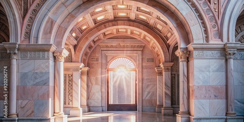 Ornate pink marble arched entryway with sunlight streaming through   architecture  luxurious  elegant  grand