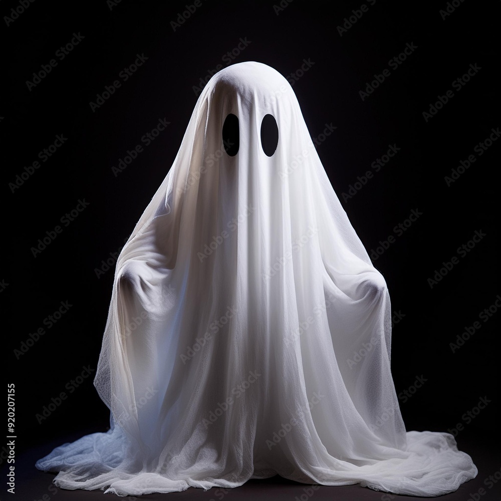 A whimsical ghost figure draped in white fabric, showcasing a playful and light-hearted Halloween spirit. A whimsical ghost figure draped in white fabric, showcasing a playful and light-hearted Halloween spirit.
