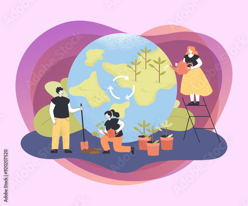 Teamwork of tiny volunteers on reforestation, ecology protection. People planting tree seedlings with shovel and watering can together flat vector illustration. Environment, agriculture concept